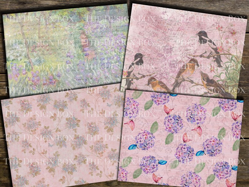 以下が含まれることがあります： ピンクの背景に花柄が描かれたデジタルペーパーのデザインが4つあります。最初のデザインは、紫の花と薄い緑色の背景に水彩画のような効果が施されています。2番目のデザインは、ピンクの背景に花柄と水彩画のような効果が施されています。3番目のデザインは、ピンクの背景に花柄と水彩画のような効果が施されています。4番目のデザインは、ピンクの背景に花柄と水彩画のような効果が施されています。