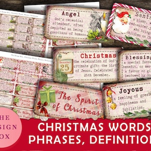 Mots de Noël, phrases, définitions, étiquettes imprimables, texte de Noël, journal indésirable, Noël, père Noël, éphémères de Noël, Noël vintage