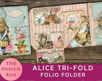 Alice tekoppar folio, skräpjournal, Alice i Underlandet, galna hattmakaren, folio-kit, pysselkit, digitalt, vintage, Alice-insats, tekopp, shabby