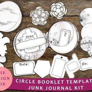 Circle Booklet, Templates,  Junk Journal, Digital Templates, Printable, Ink Saver, Folio, Black, White, Folder, Ephemera, Folio Template
