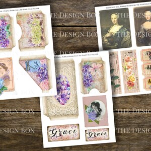 May include: A digital collage sheet with images of purple hydrangeas, vintage portraits, and circus tickets. The sheet includes the text "The Design Box, Purple Hydrangeas Tri-Fold Fold Folio Folder".