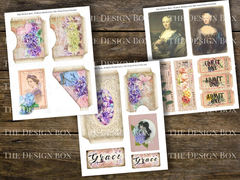 May include: A digital collage sheet with images of purple hydrangeas, vintage portraits, and circus tickets. The sheet includes the text "The Design Box, Purple Hydrangeas Tri-Fold Fold Folio Folder".