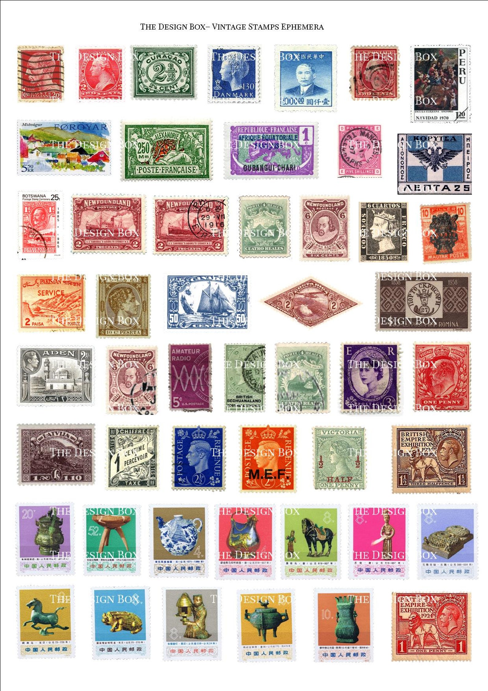 95 Old Postal Stamps, Digital Images, Fussy Cut Printables, Postage