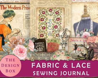 Fabric & Lace, Vintage Sewing Journal, Printable Journal, Sewing Junk Journal, Sewing Pattern, Vintage Fashion, Patent, Sewing Machine, Sew