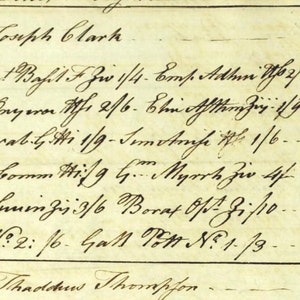 May include: A handwritten document with the text "Det: Joseph Clark" at the top. The document lists various items with their corresponding prices. The total amount is 108.