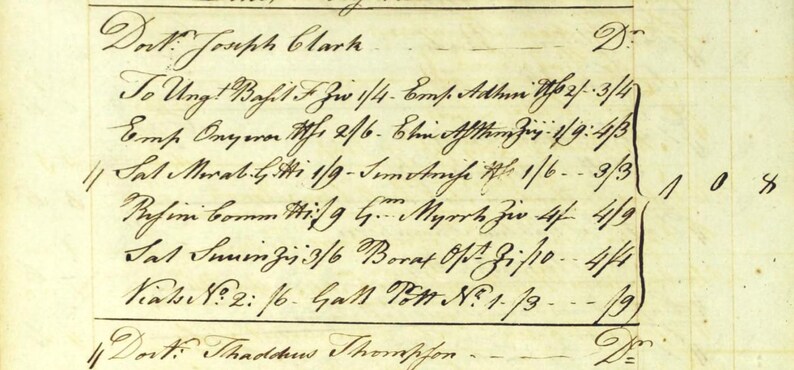 May include: A handwritten document with the text "Det: Joseph Clark" at the top. The document lists various items with their corresponding prices. The total amount is 108.