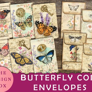 Borboleta, envelopes de moedas, coisas efêmeras, diário de borboletas, diário de lixo eletrônico, para impressão, folha de colagem digital, álbum de recortes, bolso, vintage, kit