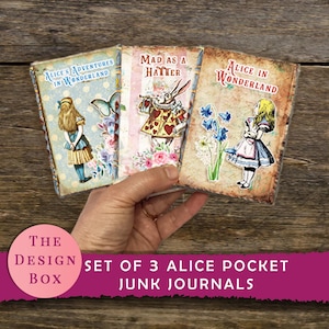 Alice Pocket Journal, Set von 3, Junk Journal, Printable, Vintage Journal, Kaninchen, Wunderland, Blumen, Rosa Ephemera, Minibuch, Shabby, Anhänger