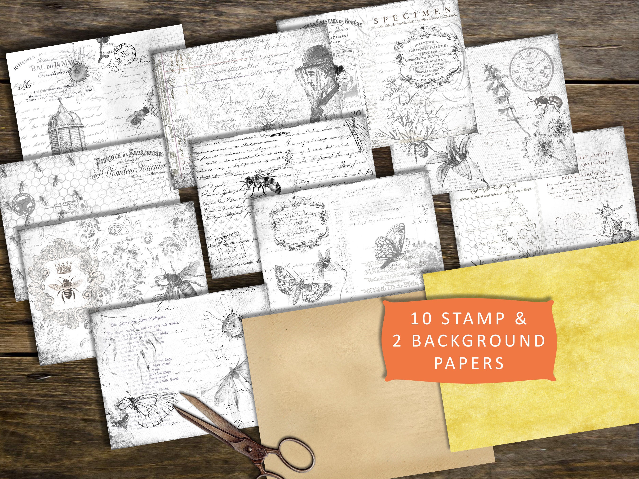 Bee Script Document Bee Script, Stamp Papers, Printable Stamp Paper, Junk Journal, Digital ...