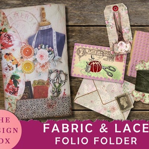 Fabric & Lace Folio, Junk Journal, Folio Kit, Sewing Folder, Journal Insert, Ephemera, Sewing Printable, Embellishment, Vintage, Digital