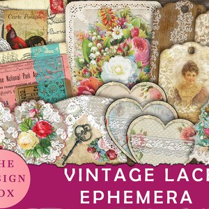 May include: A collection of vintage ephemera featuring lace, floral designs, and antique postcards. The assortment includes heart-shaped cards, tags with portraits, and decorative lace doilies. The text "VINTAGE LACE EPHEMERA" is displayed on a pink background.