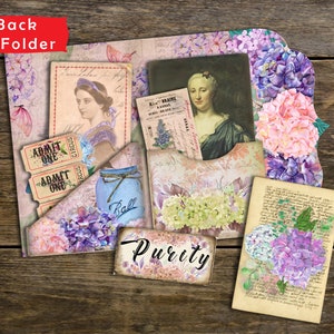 May include: A vintage-style folder with a floral design featuring hydrangeas in shades of purple, pink, and white. The folder has pockets and compartments for holding various items, including tickets, a jar, and a postcard. The text "Purity" is written on a tag attached to the folder.