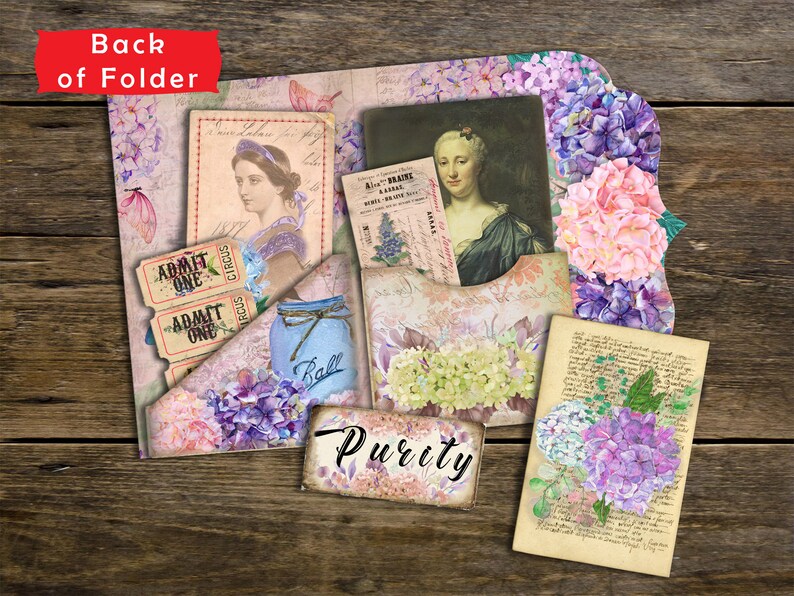 May include: A vintage-style folder with a floral design featuring hydrangeas in shades of purple, pink, and white. The folder has pockets and compartments for holding various items, including tickets, a jar, and a postcard. The text "Purity" is written on a tag attached to the folder.