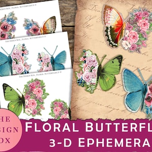 3-D-Blumenschmetterlinge, Schmetterlingseinsatz, bedruckbar, Junk Journal, Schmetterling Ephemera, Schmetterling Clip Art, Ephemera Pack, Schmetterling Journal