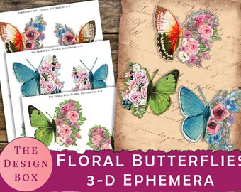 Mariposas florales en 3D, inserto de mariposa, imprimible, diario basura, efímera de mariposa, clip art de mariposa, paquete de efímeras, diario de mariposas