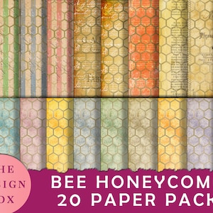 Może przedstawiać: Pakiet papieru cyfrowego z 20 różnymi wzorami przedstawiającymi wzór plastra miodu w różnych kolorach i fakturach. Tekst "BEE HONEYCOMB 20 PAPER PACK" jest wyświetlany u dołu obrazu.