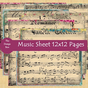 Vintage Music Sheet, 12x12 Digital Pages, Scrapbook, Junk Journal, Vintage Music, Music Ephemera, Printable Journal  Sheets, Old Music Sheet