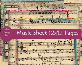 Vintage Music Sheet, 12x12 Digital Pages, Scrapbook, Junk Journal, Vintage Music, Music Ephemera, Printable Journal  Sheets, Old Music Sheet