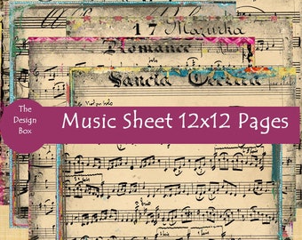 Vintage Music Sheet, 12x12 Digital Pages, Scrapbook, Junk Journal, Vintage Music, Music Ephemera, Printable Journal  Sheets, Old Music Sheet