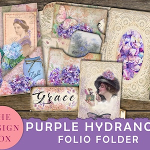 May include: A purple hydrangea folio folder with a lace design and a vintage aesthetic. The folder has tabs for organizing papers and includes images of hydrangeas, butterflies, and a woman in a hat.