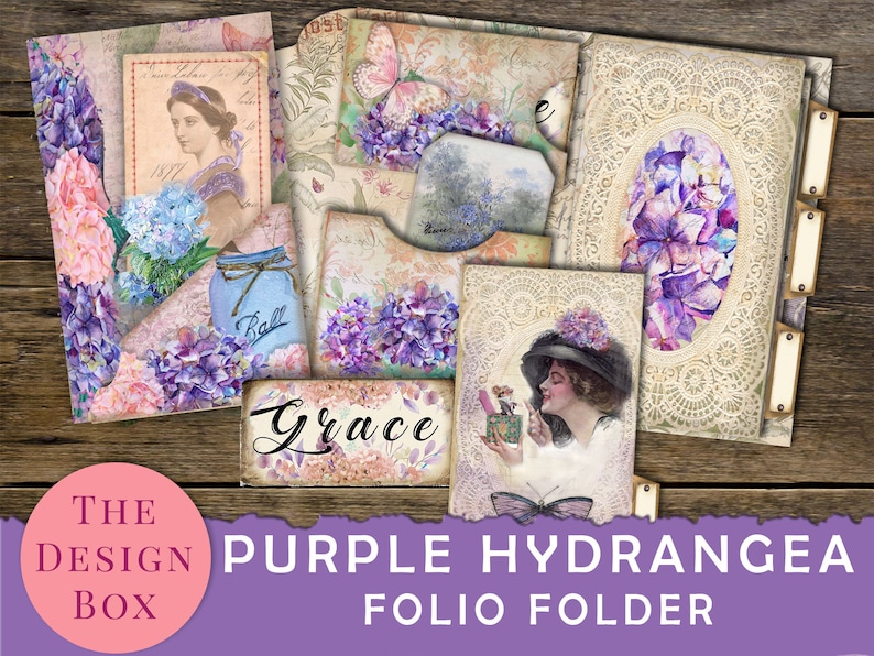 May include: A purple hydrangea folio folder with a lace design and a vintage aesthetic. The folder has tabs for organizing papers and includes images of hydrangeas, butterflies, and a woman in a hat.