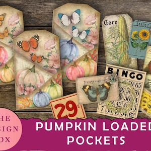 May include: A set of six vintage-style printable tags featuring pumpkins, butterflies, and other fall-themed imagery. The tags are perfect for adding a touch of rustic charm to your crafts and projects.