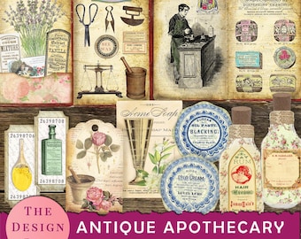 May include: Antique apothecary journal kit with vintage illustrations and labels. Includes images of apothecary tools, bottles, jars, and labels with text like "Cough Mixture", "Vanilla", "Bay Rum", and "Rose Cold Cream".