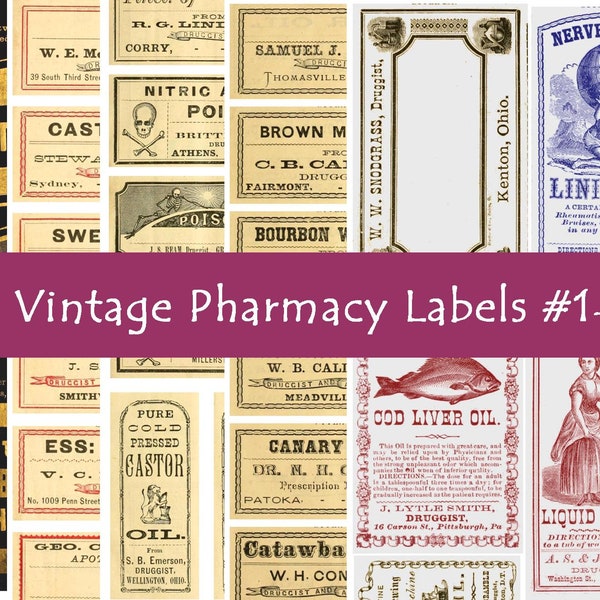 Set#1 Vintage Pharmacy, Printable Pharmacy Labels, Medicine Labels, Digital Collage, Drugs, Poisons, Ephemera, Scrapbook, Junk journal