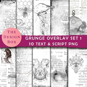 May include: A collection of ten digital grunge overlays featuring black and white designs with vintage dictionary text, a bee, a birdcage, a jellyfish, ornate flourishes, and a portrait. The text reads The Design Box Grunge Overlay Set 1.