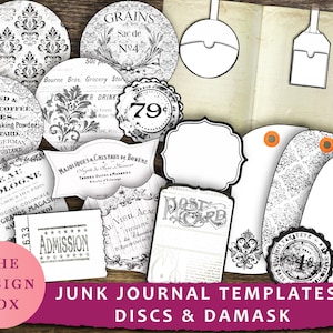 Junk Journal, Digital Templates, Printable, Ink Saver, Folio, Black, White, Folder, Envelopes, Tags, Pockets, Ephemera, Folio Templates, Tag
