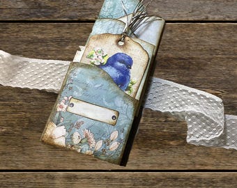 Carpeta plegable azul tipo concertina, diario basura, vintage, con bolsillo, imprimible, kit de manualidades, digital, azul, acordeón, grunge, desgastado