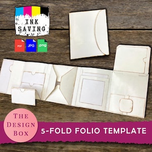 May include: A five-fold paper folio template featuring multiple pockets, flaps, and compartments for organisation. The design includes a separate envelope and is presented with digital file icons labelled PDF, JPG, and PNG, plus the text THE DESIGN BOX.
