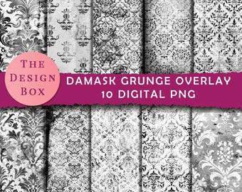 May include: A collection of ten digital PNG files featuring damask grunge overlay patterns in shades of gray and white. The image includes the text "THE DESIGN BOX" and "DAMASK GRUNGE OVERLAY 10 DIGITAL PNG". The patterns have a vintage, distressed aesthetic.