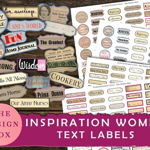 May include: A collection of vintage-style text labels with a pink and white design. The labels feature words like "Strong", "Wisdom", "The Greatest", "Home Journal", "Our Army Nurses", "Cinderella All Alone", "Holiday", "Cookery", "Pastry", and "Maria".