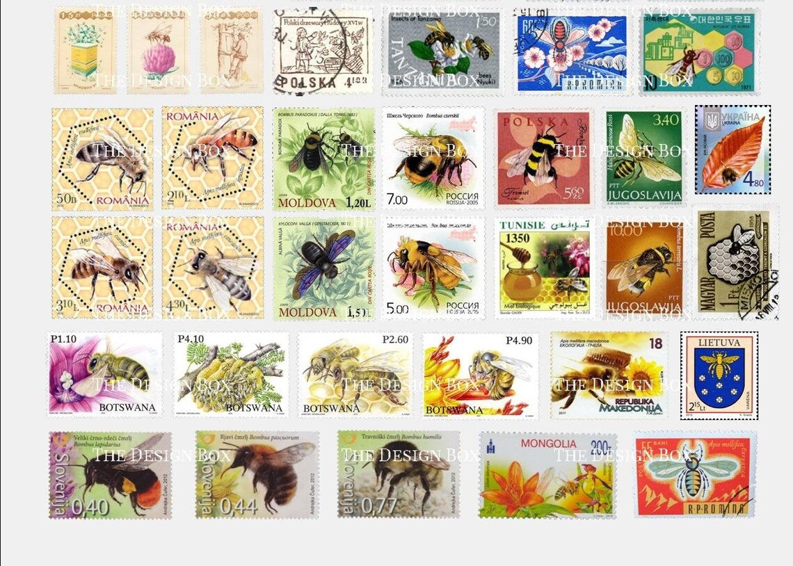 Bee Postage Stamps, Digital Postal Stamps, Vintage Bee Ephemera, Junk