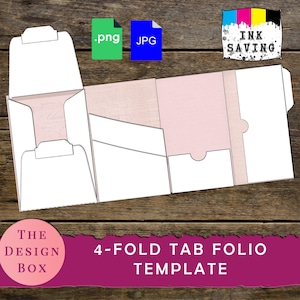 May include: A white 4-fold tab folio template with a pink interior, designed for crafting. The image includes .png and .jpg file icons, and the text "INK SAVING" and "4-FOLD TAB FOLIO TEMPLATE". The design is on a wooden surface.