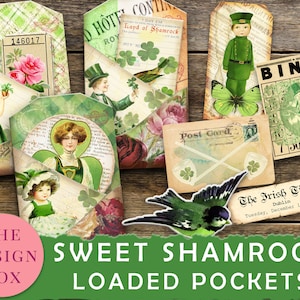 Sweet Shamrock, Loaded Pockets, St Patrick&#39;s Day, Printable Pockets, Pocket Tag, Loaded Envelope, Junk Journal Kit, Printable Ephemera, Luck