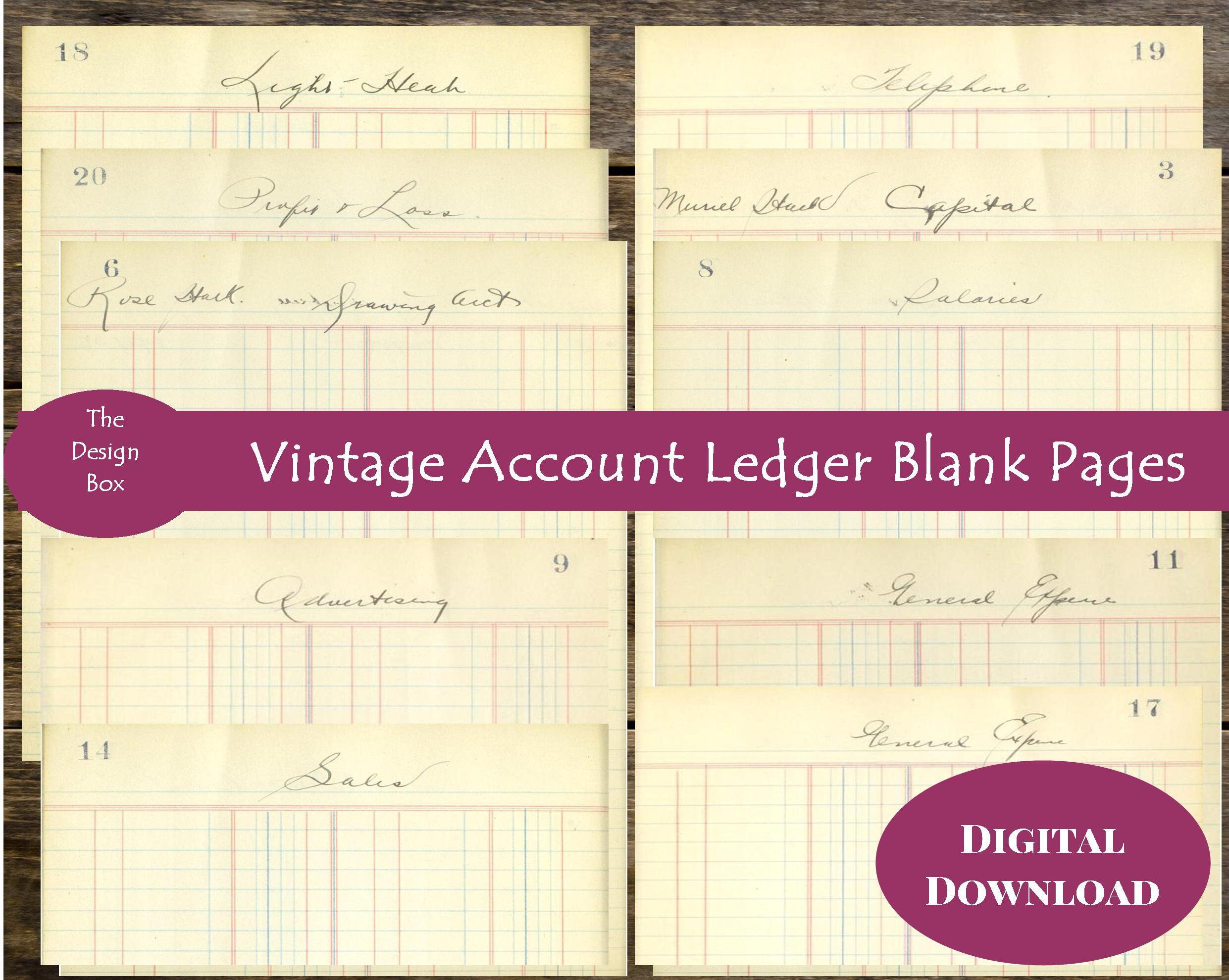 10 Vintage Accounts Ledger Blank Pages with Headings, Printable, Documents, Ephemera, Junk Journal, Scrapbook, Victorian, Digital Download