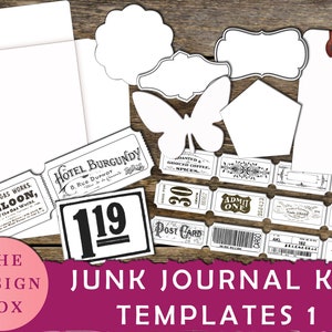Junk Journal Templates 1, Printable, Ink Saver, Digital, Black, White, Folder, Envelopes, Tags, Pockets, Black & White, Ephemera, Template