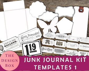 Junk Journal Templates 1, Printable, Ink Saver, Digital, Black, White, Folder, Envelopes, Tags, Pockets, Black & White, Ephemera, Template