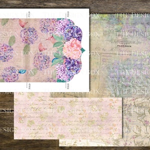 May include: A printable digital paper pack with four different designs. The designs feature a vintage floral pattern with hydrangeas, butterflies, and a faded background. The text "THE DESIGN BOX PURPLE TANGEA THE FOLD FOLIO FOLDER" is printed on the paper.