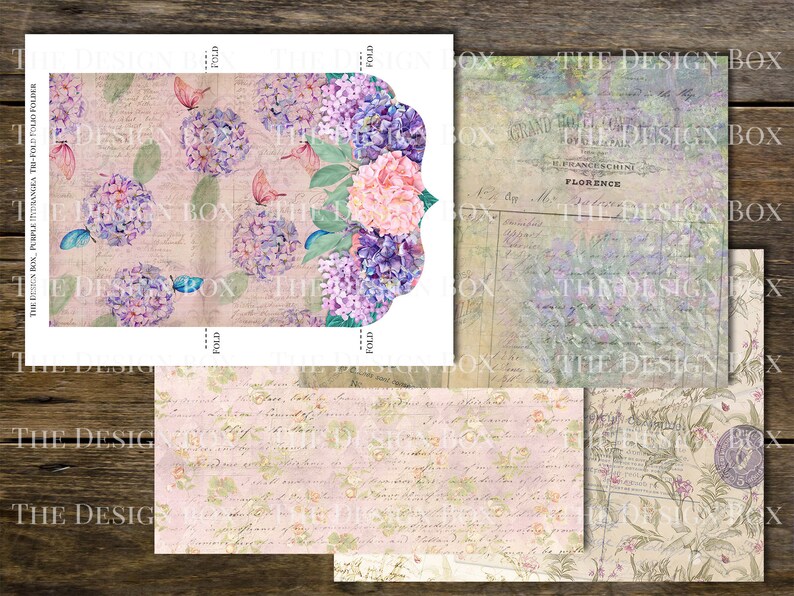 May include: A printable digital paper pack with four different designs. The designs feature a vintage floral pattern with hydrangeas, butterflies, and a faded background. The text "THE DESIGN BOX PURPLE TANGEA THE FOLD FOLIO FOLDER" is printed on the paper.