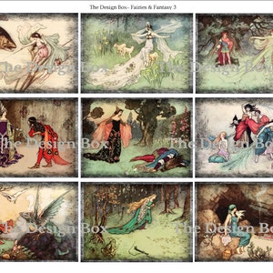 May include: Nine vintage illustrations of fairies and fantasy scenes. The illustrations are in a whimsical style with a mix of colors, including green, blue, pink, and yellow. The illustrations feature fairies, dragons, and other mythical creatures.