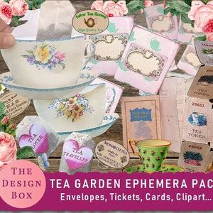 Pacote de coisas efêmeras para jardim de chá, coisas efêmeras de chá, coisas efêmeras de chá vintage, cartões de chá vintage, bules de chá vintage, envelope de xícara de chá, cartões de chá, diário de lixo eletrônico
