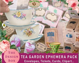 Tea Garden Ephemera Pack, Tea Ephemera, Vintage Tea Ephemera, Vintage Tea Cards, Vintage Tea pots, Tea cup envelope, Tea Cards, Junk journal
