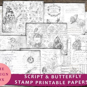 Script & Butterflies, Papel para sellos imprimible, Junk Journal, Papeles digitales, Imprimible, Ahorrador de tinta, Folio, Negro, Blanco, Neutro, Digital, Tinta