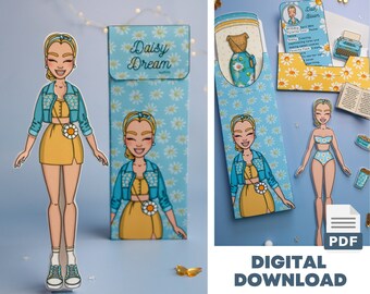 Printable Paper Dolls Dress up Kit , Floral Daisy Outfits, DIY, Instant Download