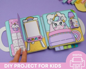Domek dla lalek do druku-książka aktywności dla dziewcząt, jednorożec do druku, papierowe rękodzieło dla dzieci, papierowy domek dla lalek, zajęcia jednorożca