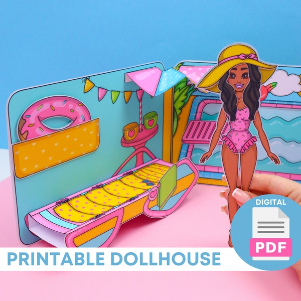 Printable Dollhouse - Girls Activity Book, Swimming pool Printable, Paper Crafts for Kids, Paper Doll House