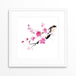 Sakura ink painting. Japanese sumi-e art print. Minimalist cherry blossom wall art. Japandi decor. Printable zen artwork, digital download.